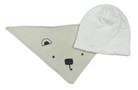 2set- Bílá bavlněná čepice + světlešedý slintáček s medvídkem 