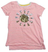 Neonově růžovo-bíé pruhované tričko se sluníčkem z flitrů zn. Nutmeg 