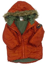 Oranžová šusťáková zimní bunda s nášivkami a kapucí zn. Baby