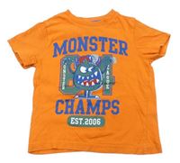 Oranžové tričko s nápisem a příšerkou zn. F&F