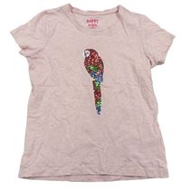 Růžové melírované tričko s papouškem z flitrů zn. Tchibo