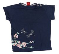 Tmavomodré tričko s květy a vážkami zn. S. Oliver