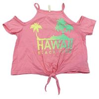 Růžové crop tričko s volnými rameny a palmami zn. Yd.