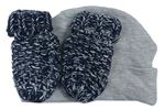 2set - Šedá bavlněná čepice + tmavomodré melírované pletené rukavice