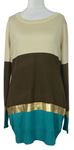 Dámsky béžovo-hnedo-tyrkysový pruhovaný dlhý sveter MAX