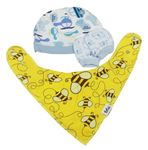 3set- Bílé novorozenecké rukavice so lvy + Biela čapica s letadly + Horčicový podbradník so včelkami