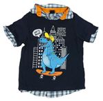 Tmavomodré tričko s dinosaurom a všitou kostkovanou košilí Kiki&Koko