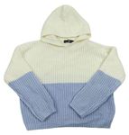 Smetanovo-svetlomodrý rebrovaný pletený oversize sveter s kapucňou C&A
