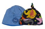 2x Tmavomodrá čapica so slony + Modrá pruhovaná čapica s výšivkou