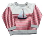 Bielo-červeno-sivý pruhovaný sveter s lodičkou little Nutmeg