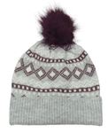 Sivo-vínová pletená vzorovaná čapica s brmbolcom
