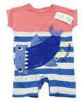 Ružovo-modro-biely kraťasový overal s pruhmi a žralokom F&F