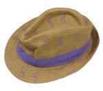 Béžový slaměný klobúk s fialovým pruhom a plameňáky