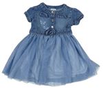 Modré riflovo/tylové šaty s motýlikmi Fagottino