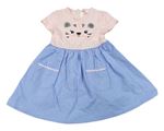 Modro-svetloružové plátěno/bavlněné šaty s čumáčkem s flitrami so cute