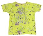 Žlté kvetinové tričko s nápisom a motýlikmi Y.F.K.