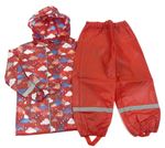 2Set - Červená pláštěnka s obláčikmi  a kapucí + nepromokavé nohavice lupilu