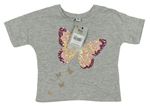 Sivé melírované tričko s motýlkom s flitrami a zlatými motýlikmi Tu