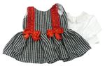 2 set - Čierno-sivé vzorované šaty s červenou čipkou a mašlí + biela blúzka