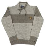 Šedobéžovo-kávový melírovaný vzorovaný pletený sveter s nášivkami