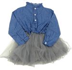 Modro-sivé riflovo/tylové šaty