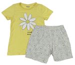 2set- Žlté tričko s kvietkom s nápisy + Sivé kvetované bavlnené kraťasy Kids