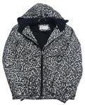 Sivo-béžová šušťáková jarná bunda s leopardím vzorom a kapucňou