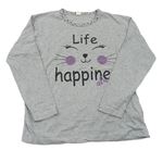 Sivé pyžamové tričko s mačkou a nápisom