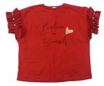 Tmavočervené oversize tričko s nápisy a volániky s perličkami RIVER ISLAND