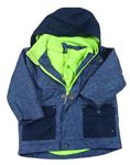 3v1 - Tmavomodrá melírovaná šušťáková celoroční bunda s kapucí + Zelená fleecová mikina Topomini