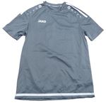 Sivé športové tričko s bielymi pruhmi a logom Jako