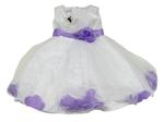 Bílo-lila slávnostné šaty s tylem a opaskom s 3D květem