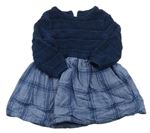 Modro-tmavomodré kockované bavlněno/svetrové šaty Tu