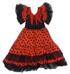 Kockovaným - Červeno-čierne bodkovaná é šaty s volániky a strapcemi a čipkou s kvietkami