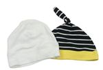 2x bavlněná čepice - černo-bílá pruhovaná + biela