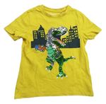 Žlté tričko s dinosauram z flitrů C&A