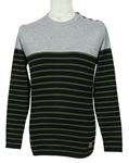 Pánsky kaki-čierno-sivý pruhovaný sveter