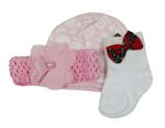 3 set - Ružová kvetovaná čepice + biele ponožky s mašlí + ružová čelenka s kytkou