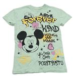 Svetlozelené tričko s Mickey mousem a nápismi