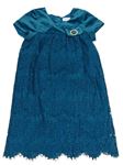 Modrozelené krajkovo/sametové slávnostné šaty s mašlou s broží CAMILLA