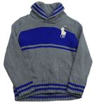 Sivo-zafírový melírovaný sveter s logom a pruhmi RALPH LAUREN