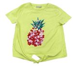 Limetkové crop tričko s ananasem z pajetek a flitrů a uzlom Matalan