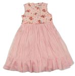 Svetloružové kvetované šaty s tylovou sukní