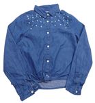 Modrá rifľová crop košeľa s perlami