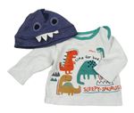 2set - Biele tričko s dinosaury +modrá čapica s príšerkou