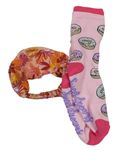 2set - Ružové ponožky s donuty + barevný vzorovaný šátek na hlavu