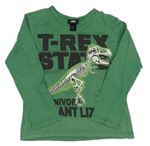 Tmavozelené tričko s kostrou dinosaura a nápismi H&M