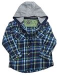 Tmavomodro-kaki-fialová kockovaná flanelová košeľa s kapucňou