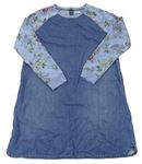 Modré ľahké rifľové šaty s teplákovymi kvetovanymi rukávy Next