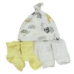 3set- Biela čapica so zvířátky + žluté ponožky + Bílé novorozenecké rukavice Next